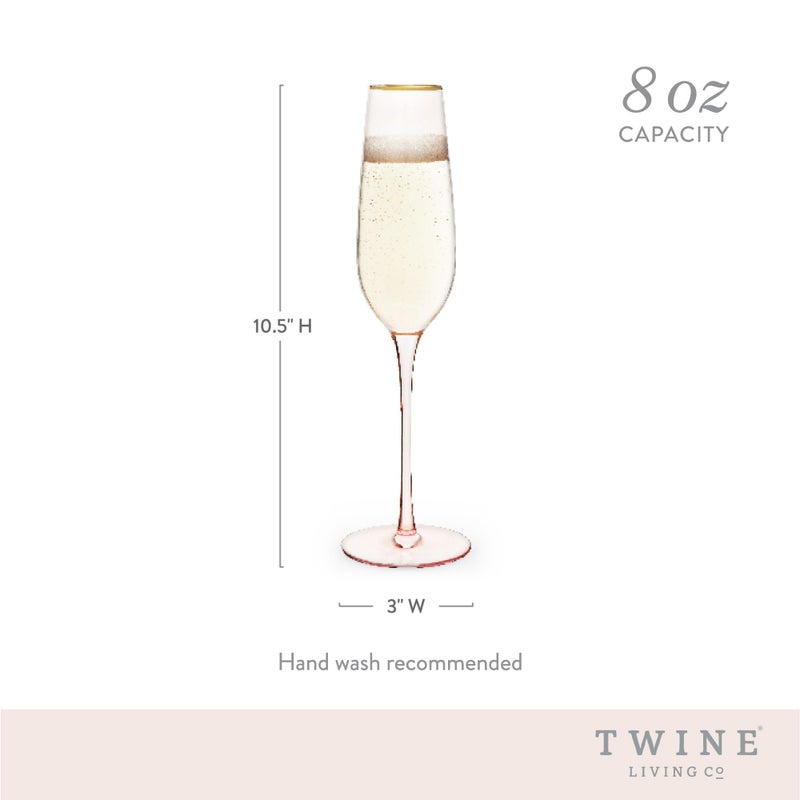 Twine Rose Crystal Champagne Flutes, Pink Tinted with Gold Rim, Elegant Champagne Glasses, Perfect for Sparkling Wine, Prosecco, Mocktails, Wedding Gifts, Housewarming, Home Bar, 8 oz, Set of 2 - Image 3